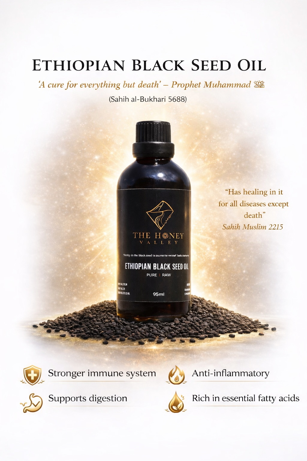 Potent Cold Pressed Grade A Ethiopian Black Seed Oil 95ML (Lab Tested 2.95% THQ)