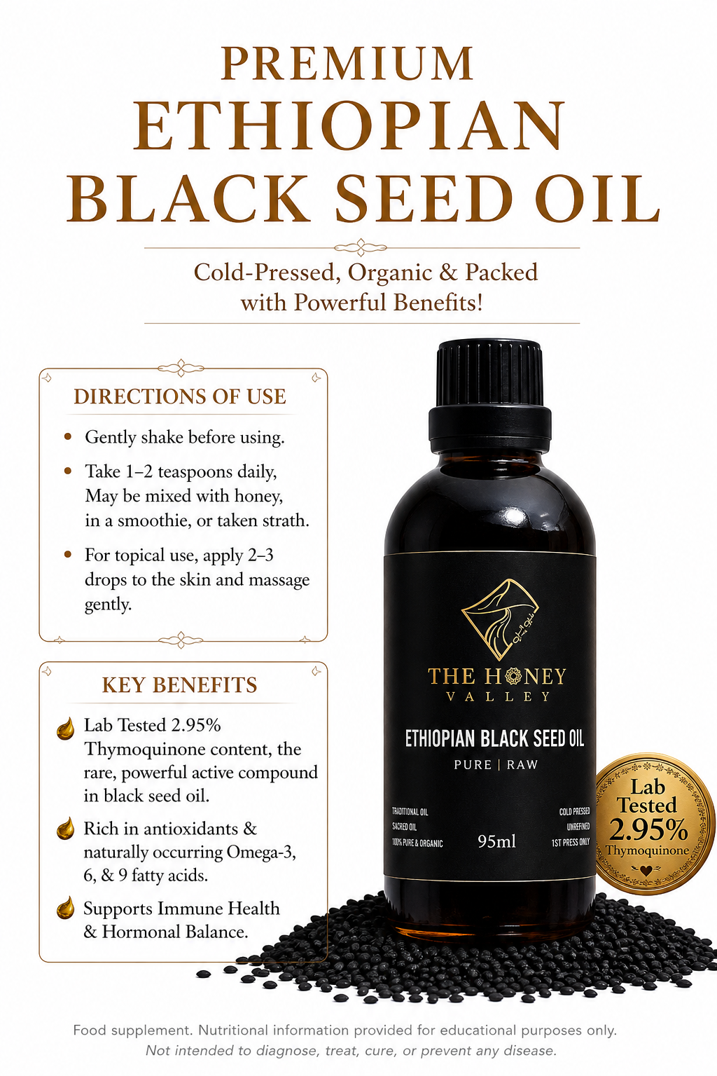 Potent Cold Pressed Grade A Ethiopian Black Seed Oil 95ML        (Lab Tested 2.95% THQ)
