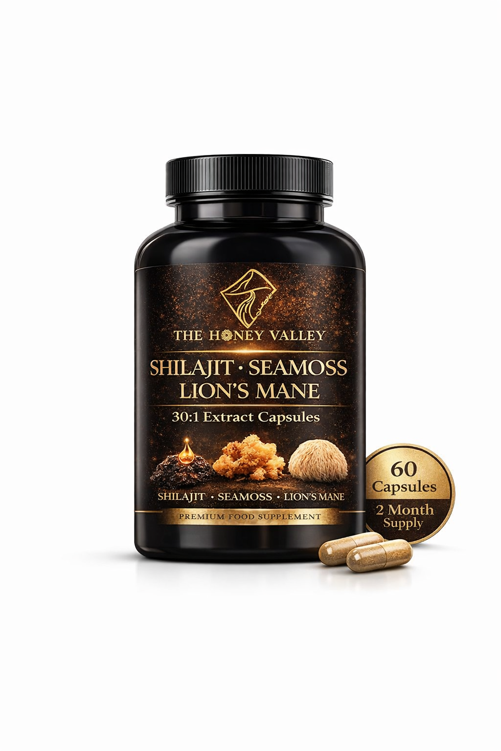 Potent Gold-Grade Shilajit, Sea Moss &amp; Lion’s Mane Capsules – Premium Formula (2 month supply)
